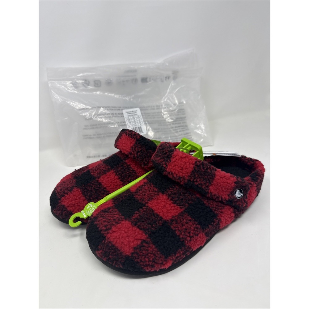 Crocs Classic Fuzzy Cozzzy Slippers M7 W9 Women's Buffalo Check Red Black, NWT